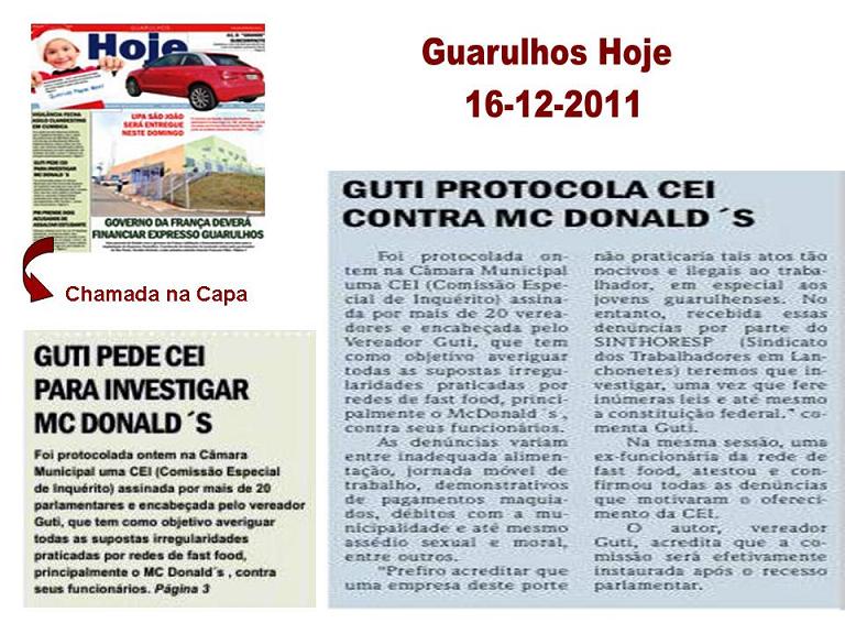 Guarulhos Hoje: Guti protocola CEI contra McDonalds