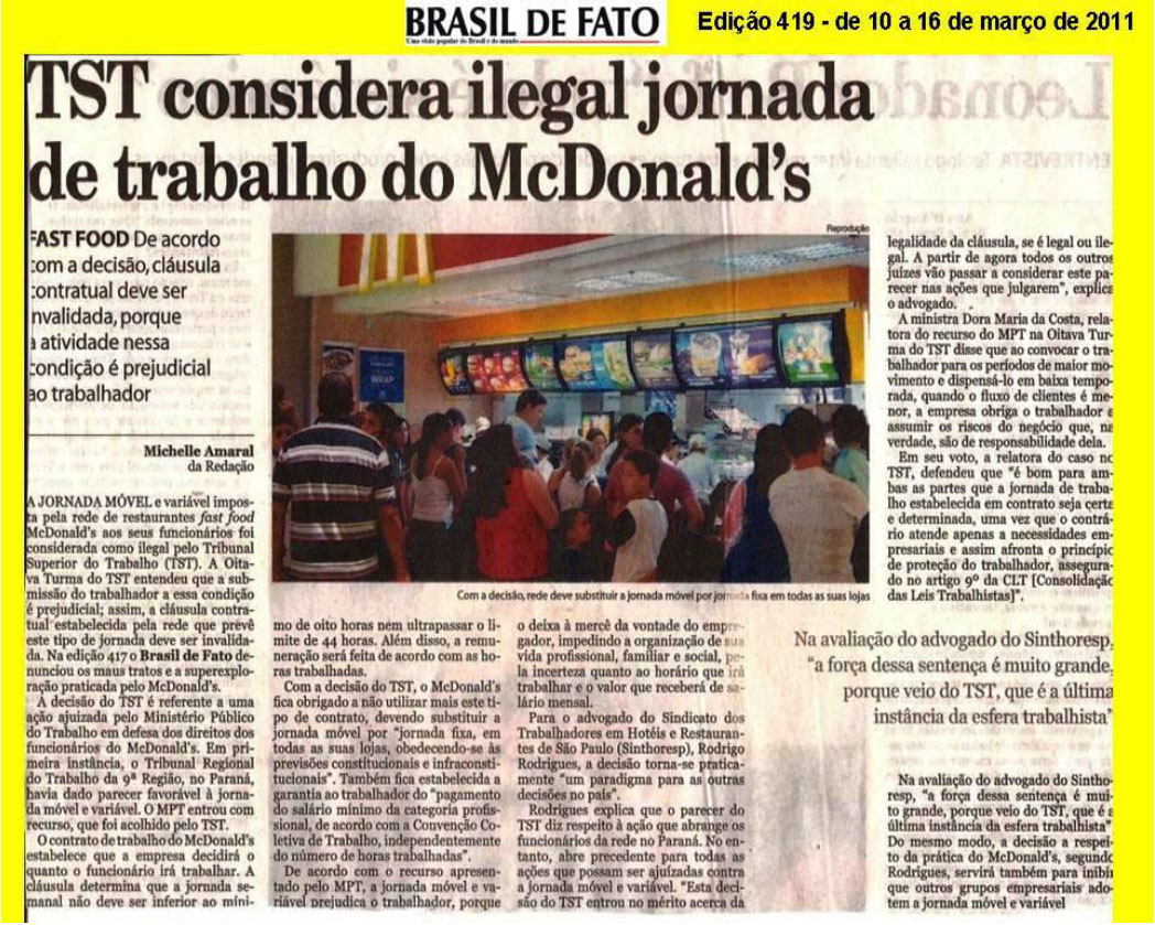 Brasil de Fato - TST considera ilegal a jornada de trabalho no Mcdonald's