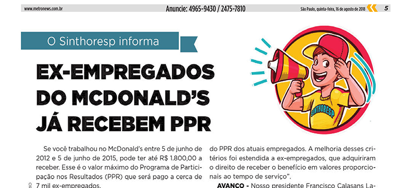Metrô News divulga acordo de PPR do Sindicato com o McDonald's