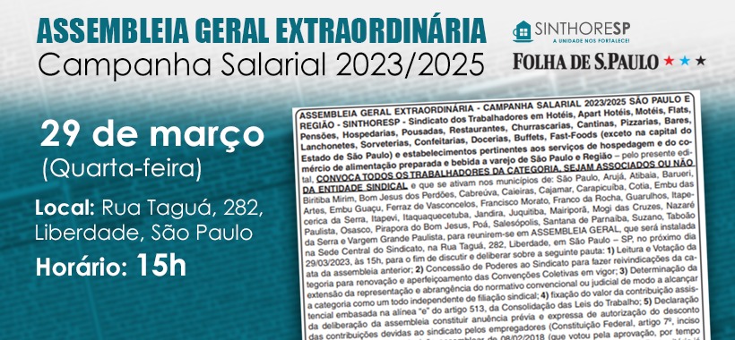 CONVOCAÇÃO DE ASSEMBLEIA  - Dia 29, às 15h para discutir Campanha Salarial 2023/2025